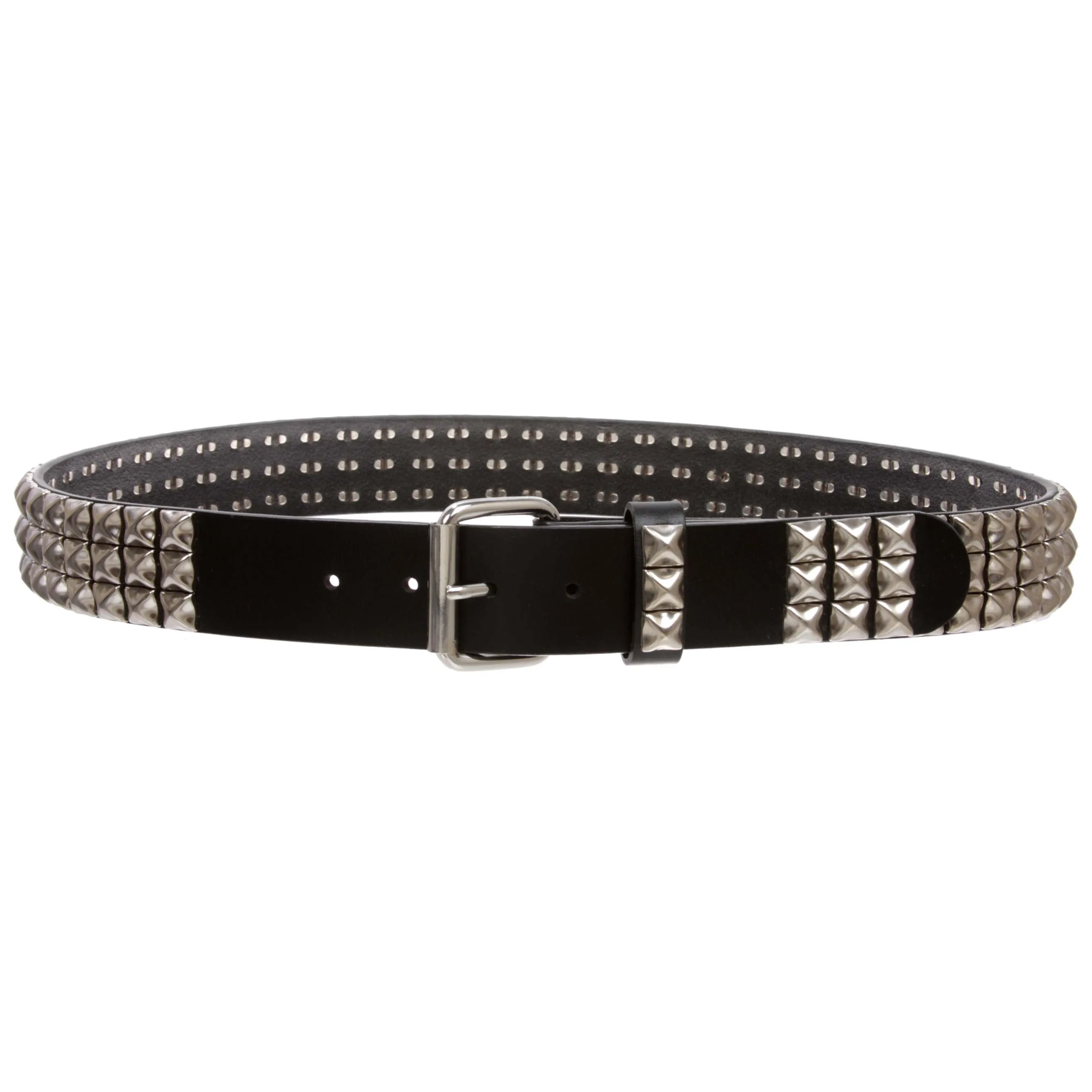1 1/2" Snap On Three Row Punk Rock Star Metal Studded Cowhide Leather Belt