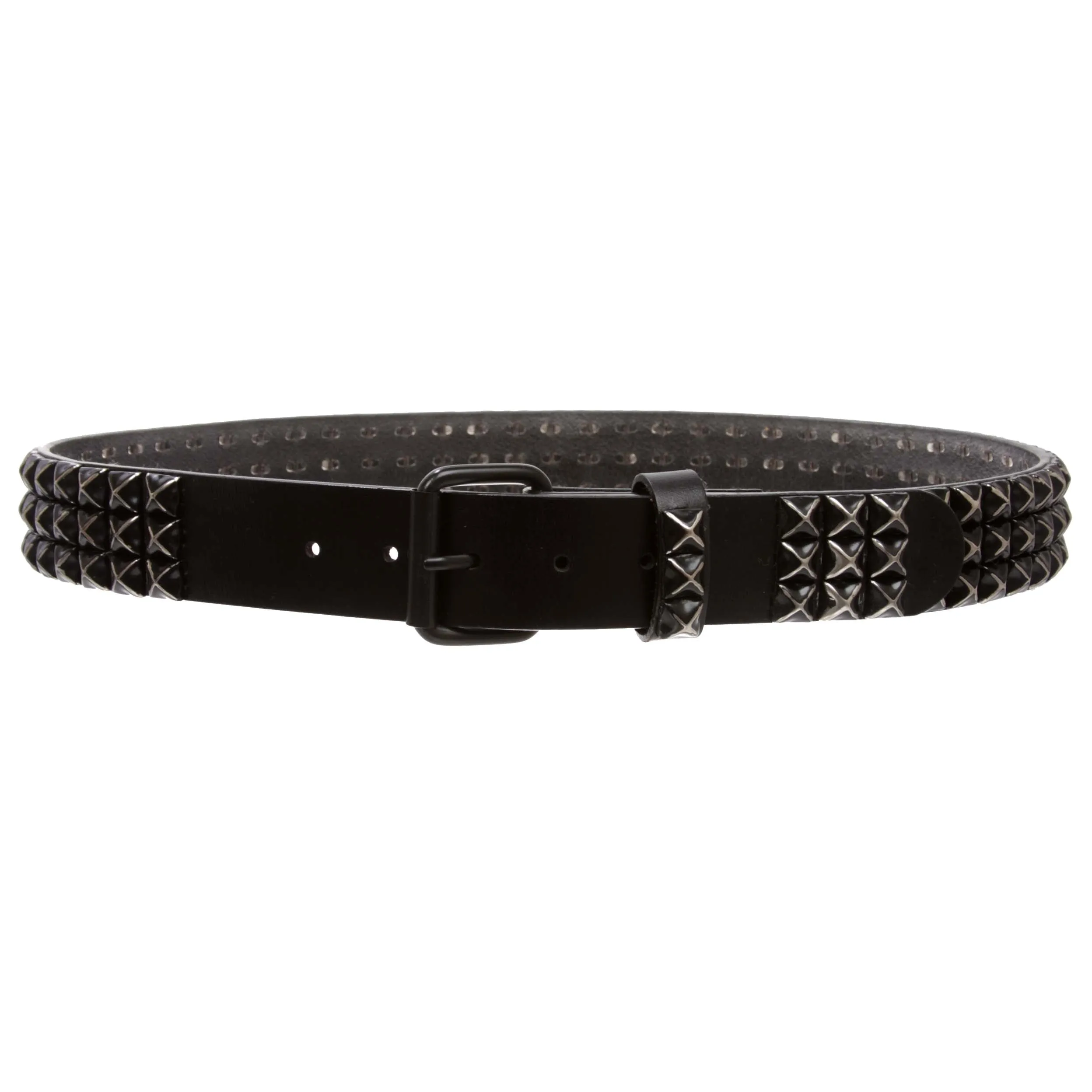 1 1/2" Snap On Three Row Punk Rock Star Metal Studded Cowhide Leather Belt