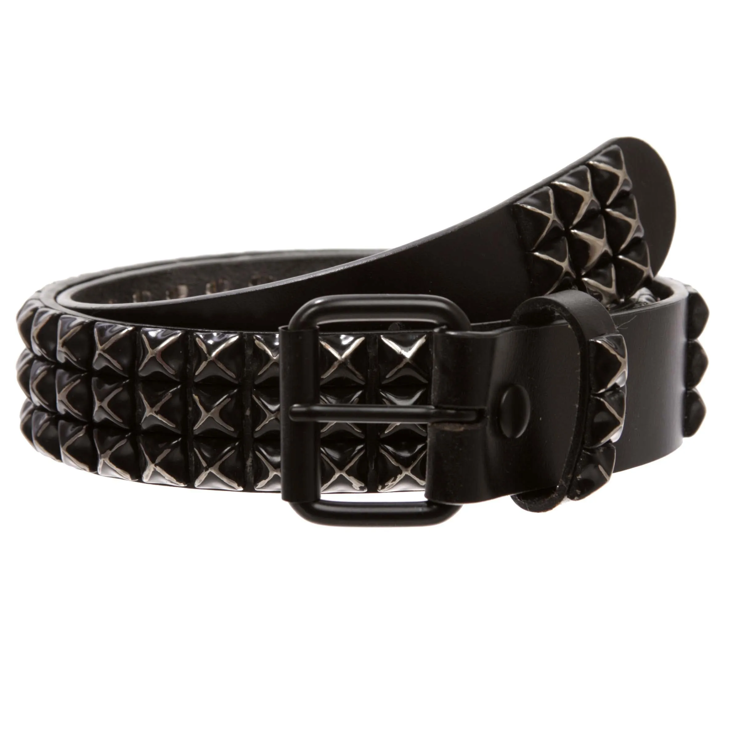 1 1/2" Snap On Three Row Punk Rock Star Metal Studded Cowhide Leather Belt