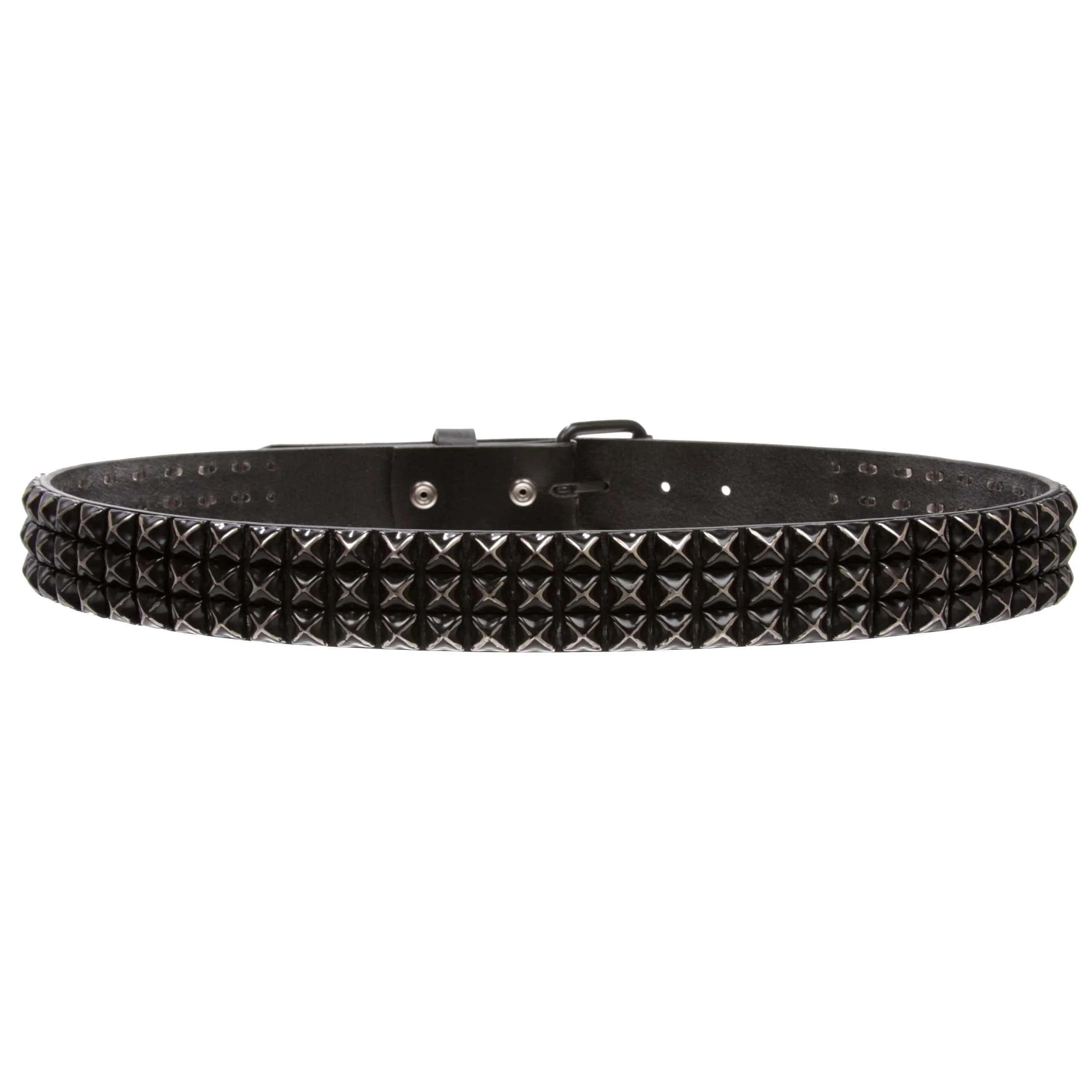 1 1/2" Snap On Three Row Punk Rock Star Metal Studded Cowhide Leather Belt