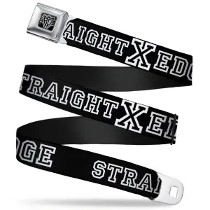 BD Wings Logo CLOSE-UP Full Color Black Silver Seatbelt Belt - STRAIGHT EDGE Black/White Webbing