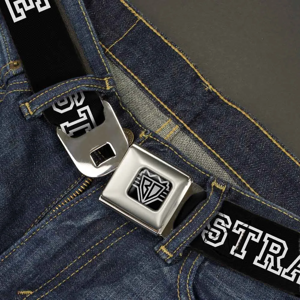 BD Wings Logo CLOSE-UP Full Color Black Silver Seatbelt Belt - STRAIGHT EDGE Black/White Webbing