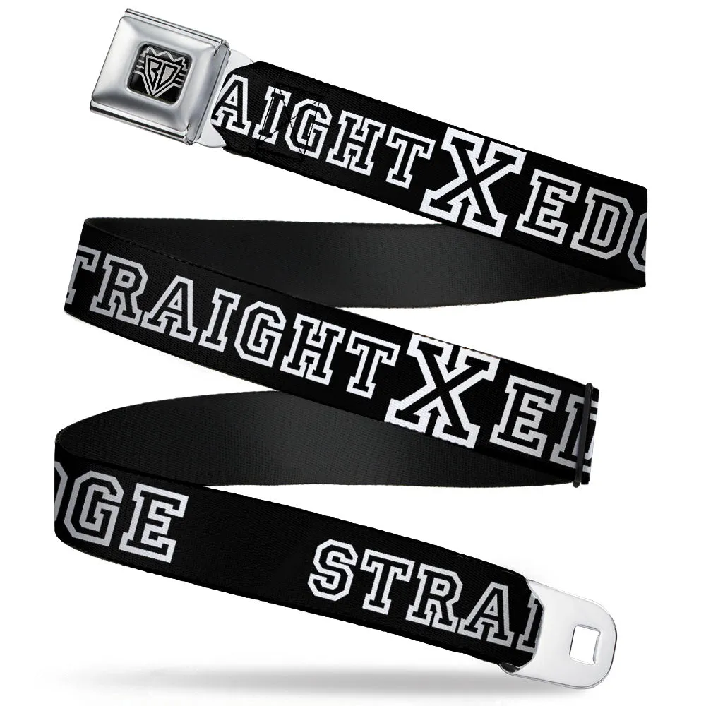 BD Wings Logo CLOSE-UP Full Color Black Silver Seatbelt Belt - STRAIGHT EDGE Black/White Webbing