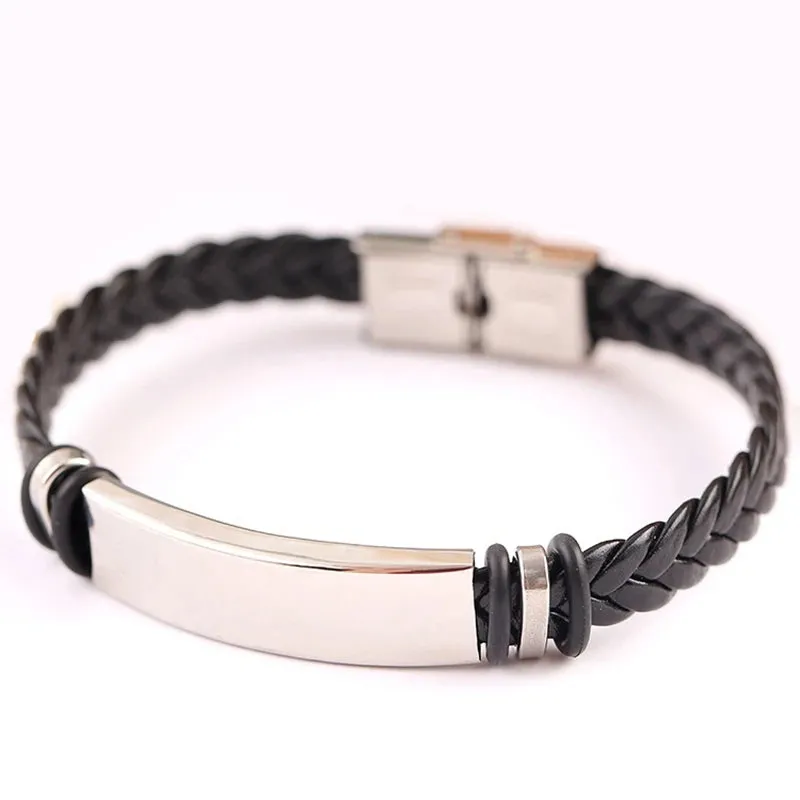 Fashion Stainless Steel Braided Genuine Leather Men Bracelets custom engraved name Bangles Punk Rock Male Wrist Band Jewelry