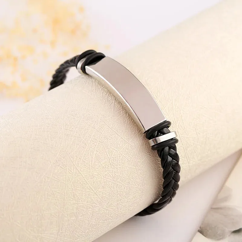 Fashion Stainless Steel Braided Genuine Leather Men Bracelets custom engraved name Bangles Punk Rock Male Wrist Band Jewelry