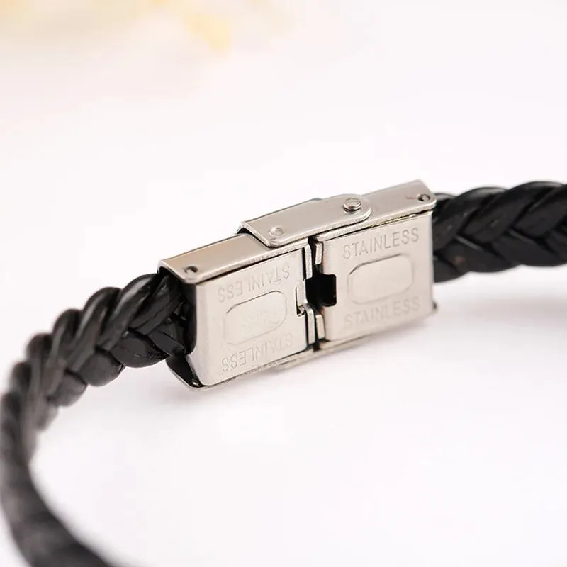 Fashion Stainless Steel Braided Genuine Leather Men Bracelets custom engraved name Bangles Punk Rock Male Wrist Band Jewelry