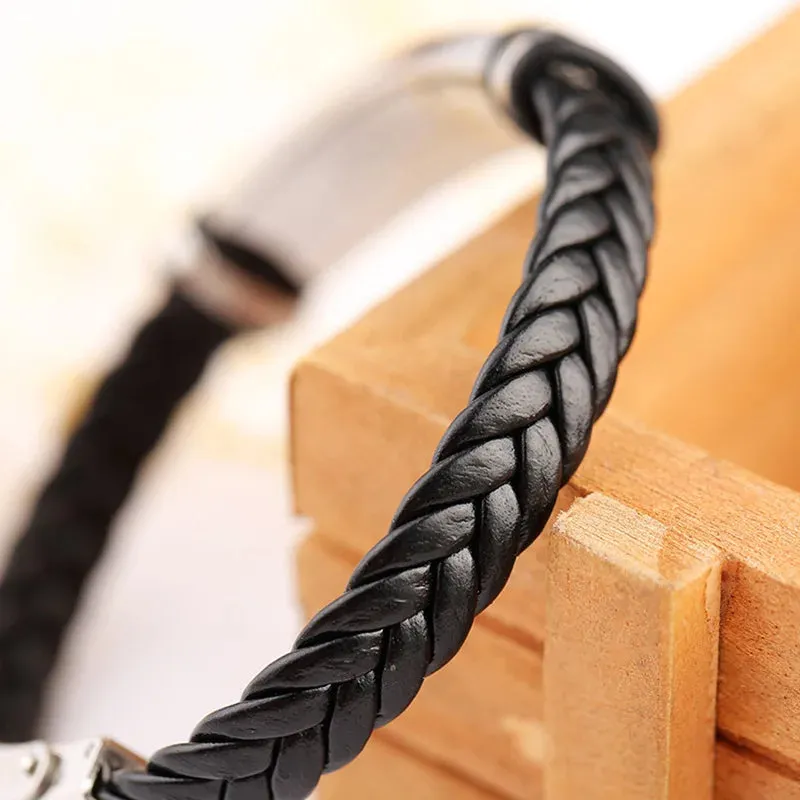 Fashion Stainless Steel Braided Genuine Leather Men Bracelets custom engraved name Bangles Punk Rock Male Wrist Band Jewelry