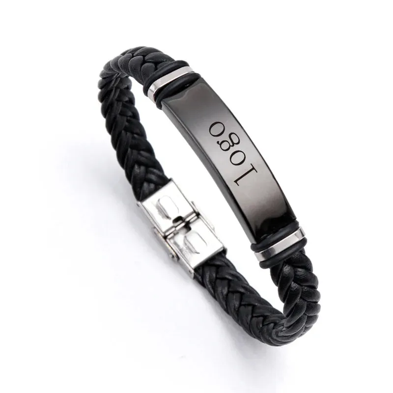 Fashion Stainless Steel Braided Genuine Leather Men Bracelets custom engraved name Bangles Punk Rock Male Wrist Band Jewelry