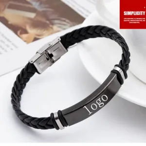 Fashion Stainless Steel Braided Genuine Leather Men Bracelets custom engraved name Bangles Punk Rock Male Wrist Band Jewelry