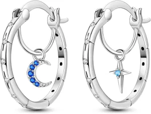Hapour Sterling Silver Cubic Zirconia Hoop Earrings for Women Teen, Hypoallergenic Rhinestone Huggies Earrings Sparkly Crystal Moon Star Hoops