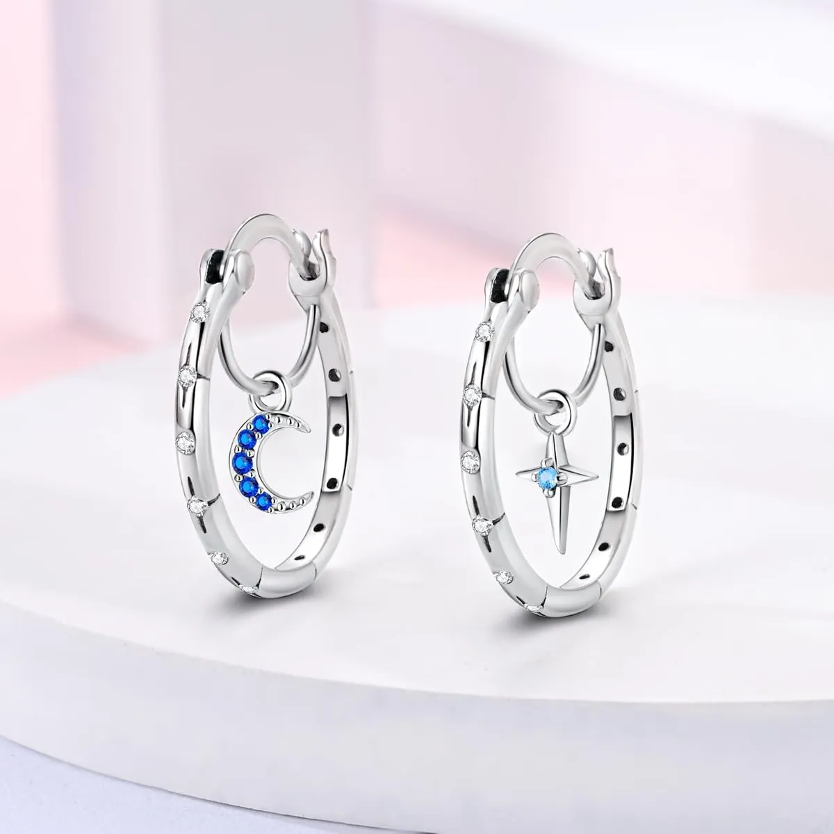 Hapour Sterling Silver Cubic Zirconia Hoop Earrings for Women Teen, Hypoallergenic Rhinestone Huggies Earrings Sparkly Crystal Moon Star Hoops