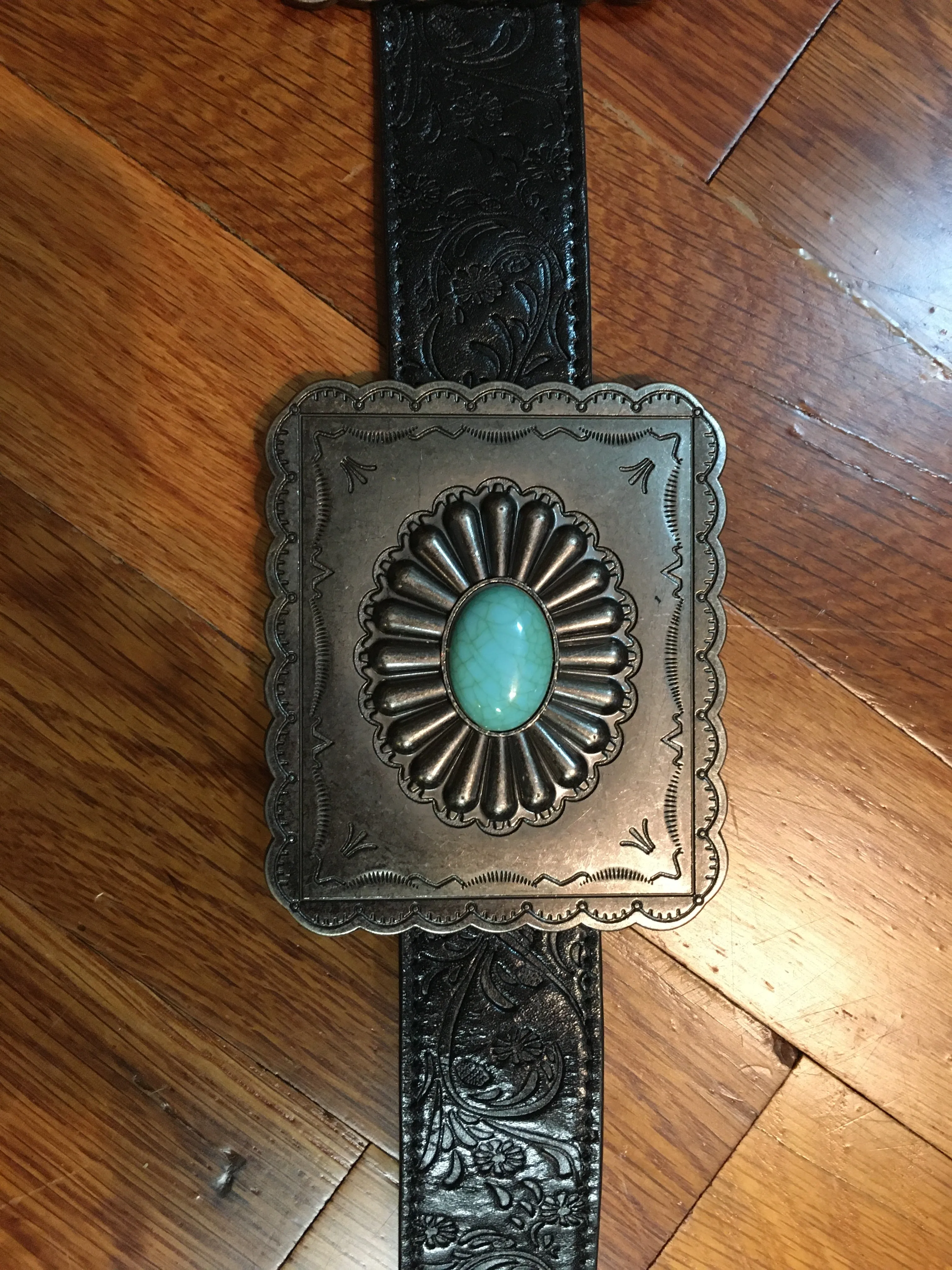 L And B Black Turquoise Square Concho Belt