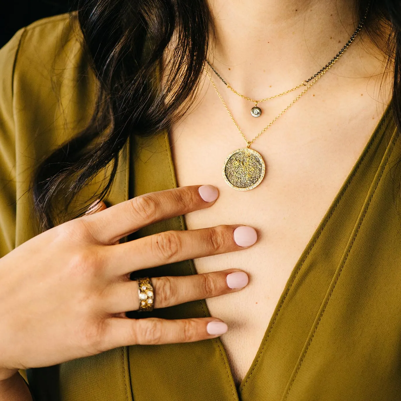 Pebble Necklace - 18k Gold, Oxidized Silver   Reclaimed Diamonds