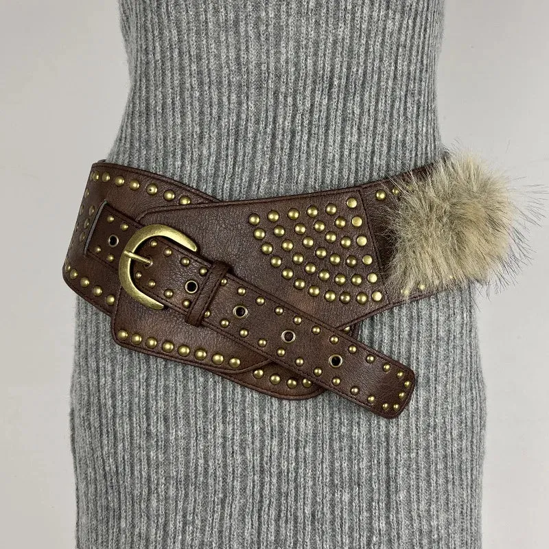 Punk Studded Fur Belt - Vintage Cowgirl Y2K Gothic Waistband for Night Club Dress