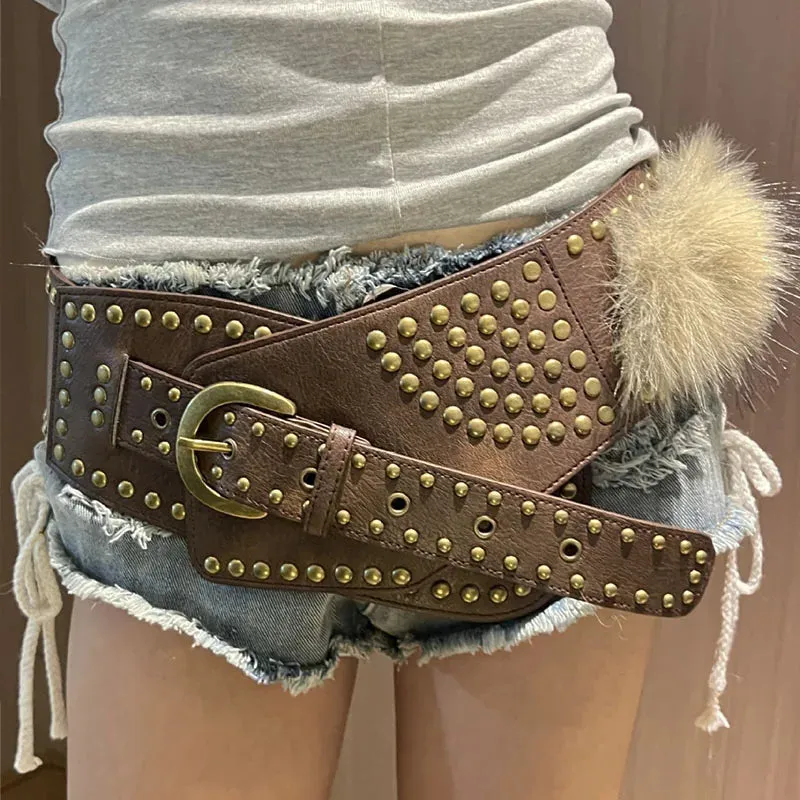 Punk Studded Fur Belt - Vintage Cowgirl Y2K Gothic Waistband for Night Club Dress