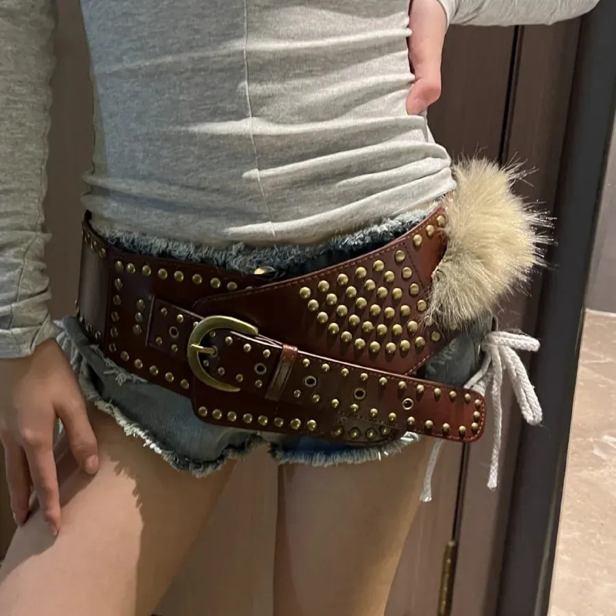 Punk Studded Fur Belt - Vintage Cowgirl Y2K Gothic Waistband for Night Club Dress