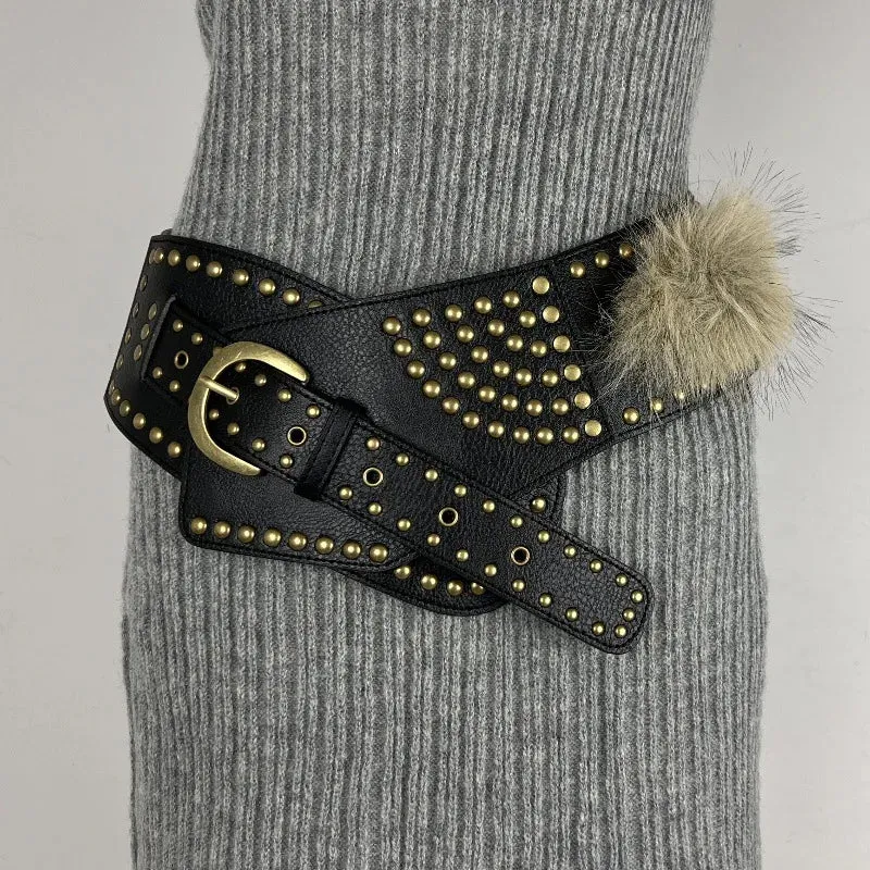 Punk Studded Fur Belt - Vintage Cowgirl Y2K Gothic Waistband for Night Club Dress