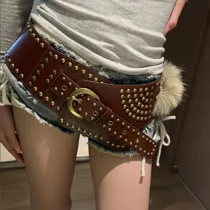 Punk Studded Fur Belt - Vintage Cowgirl Y2K Gothic Waistband for Night Club Dress