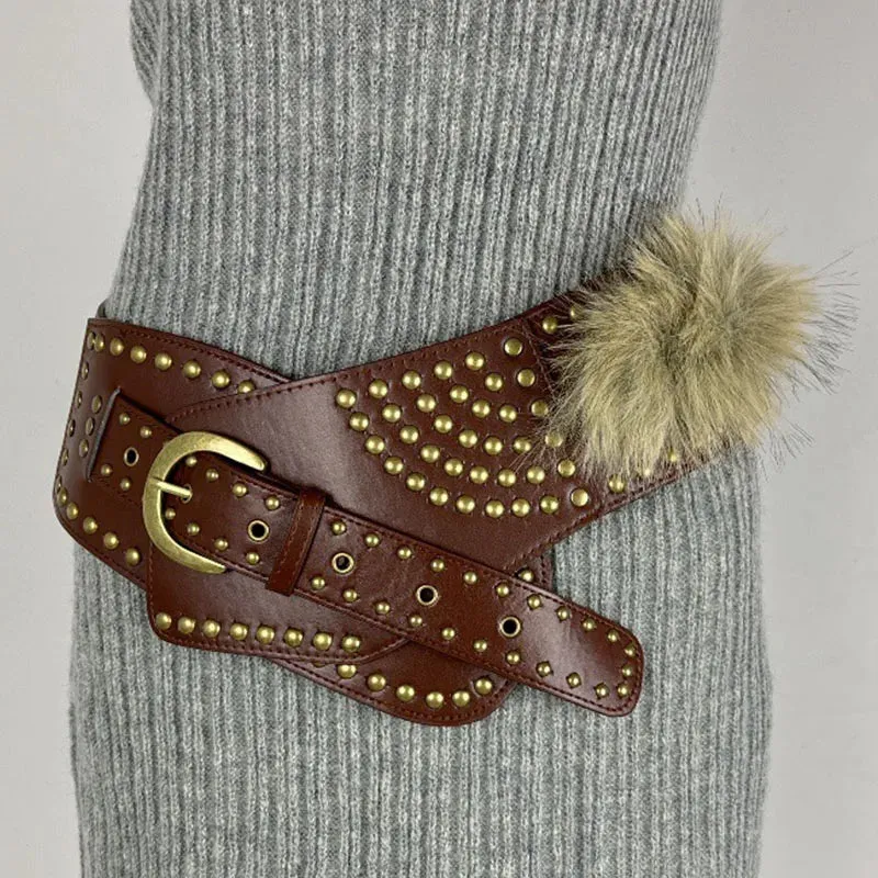 Punk Studded Fur Belt - Vintage Cowgirl Y2K Gothic Waistband for Night Club Dress
