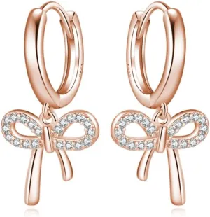 Reffeer Solid 925 Sterling Silver Bow Drop Hoop Earrings for Women Teens Bowknot Hoop Earrings Huggie Ribbon Earrings