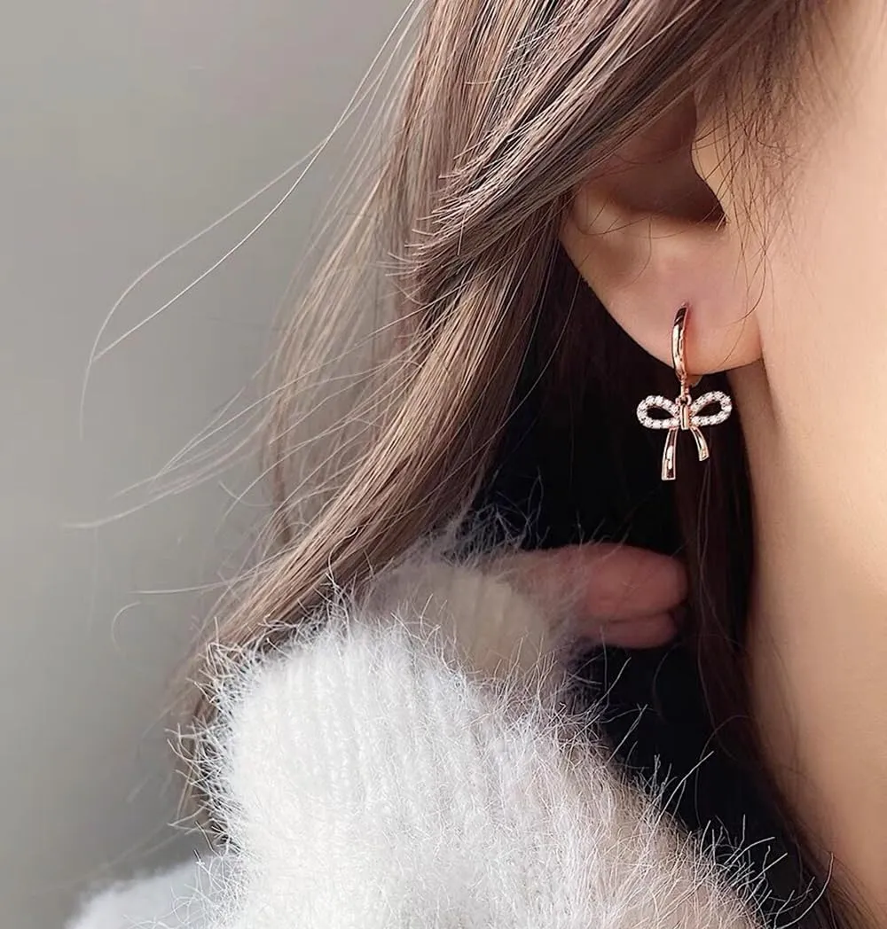 Reffeer Solid 925 Sterling Silver Bow Drop Hoop Earrings for Women Teens Bowknot Hoop Earrings Huggie Ribbon Earrings
