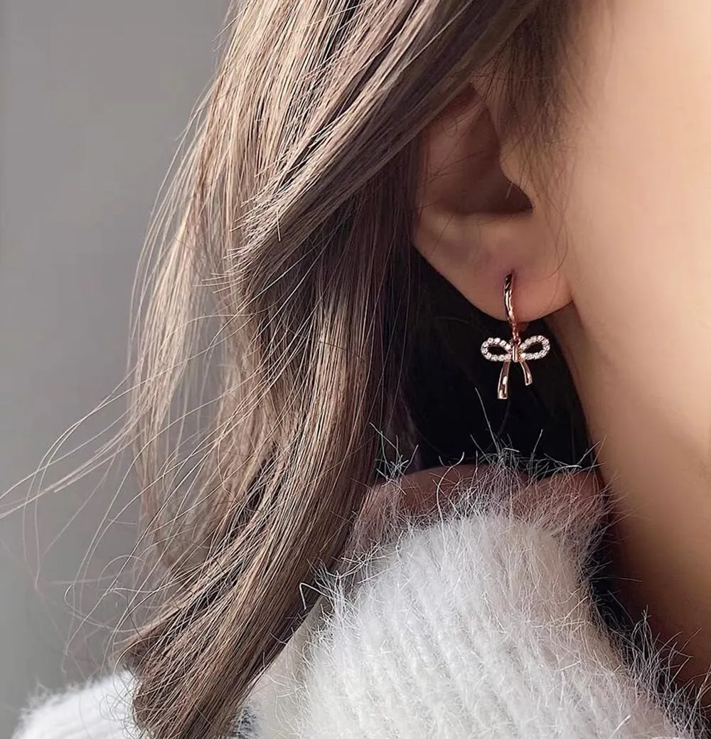 Reffeer Solid 925 Sterling Silver Bow Drop Hoop Earrings for Women Teens Bowknot Hoop Earrings Huggie Ribbon Earrings