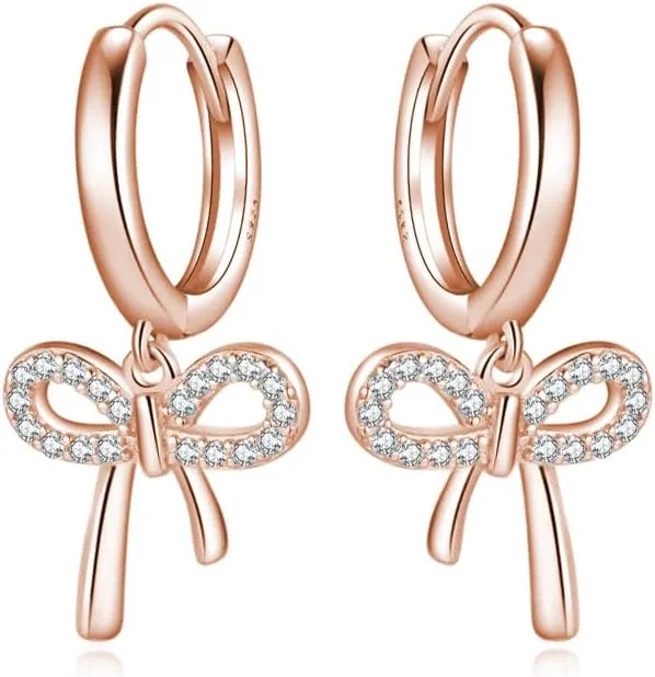 Reffeer Solid 925 Sterling Silver Bow Drop Hoop Earrings for Women Teens Bowknot Hoop Earrings Huggie Ribbon Earrings