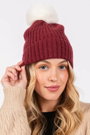 Snowy Silhouette Pom Pom Beanie, Burgundy