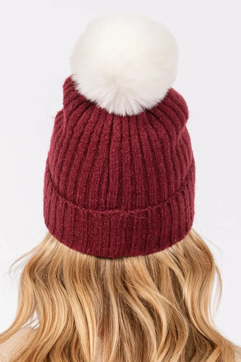 Snowy Silhouette Pom Pom Beanie, Burgundy