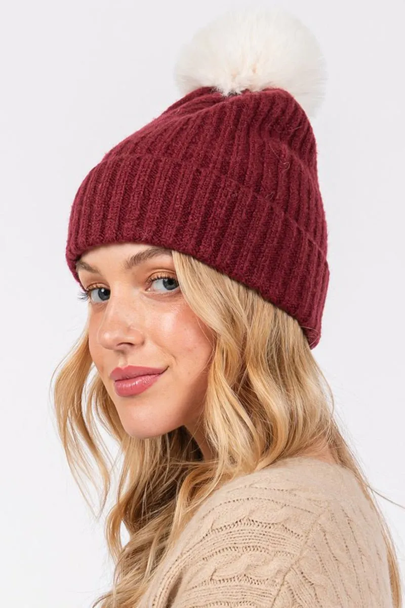 Snowy Silhouette Pom Pom Beanie, Burgundy