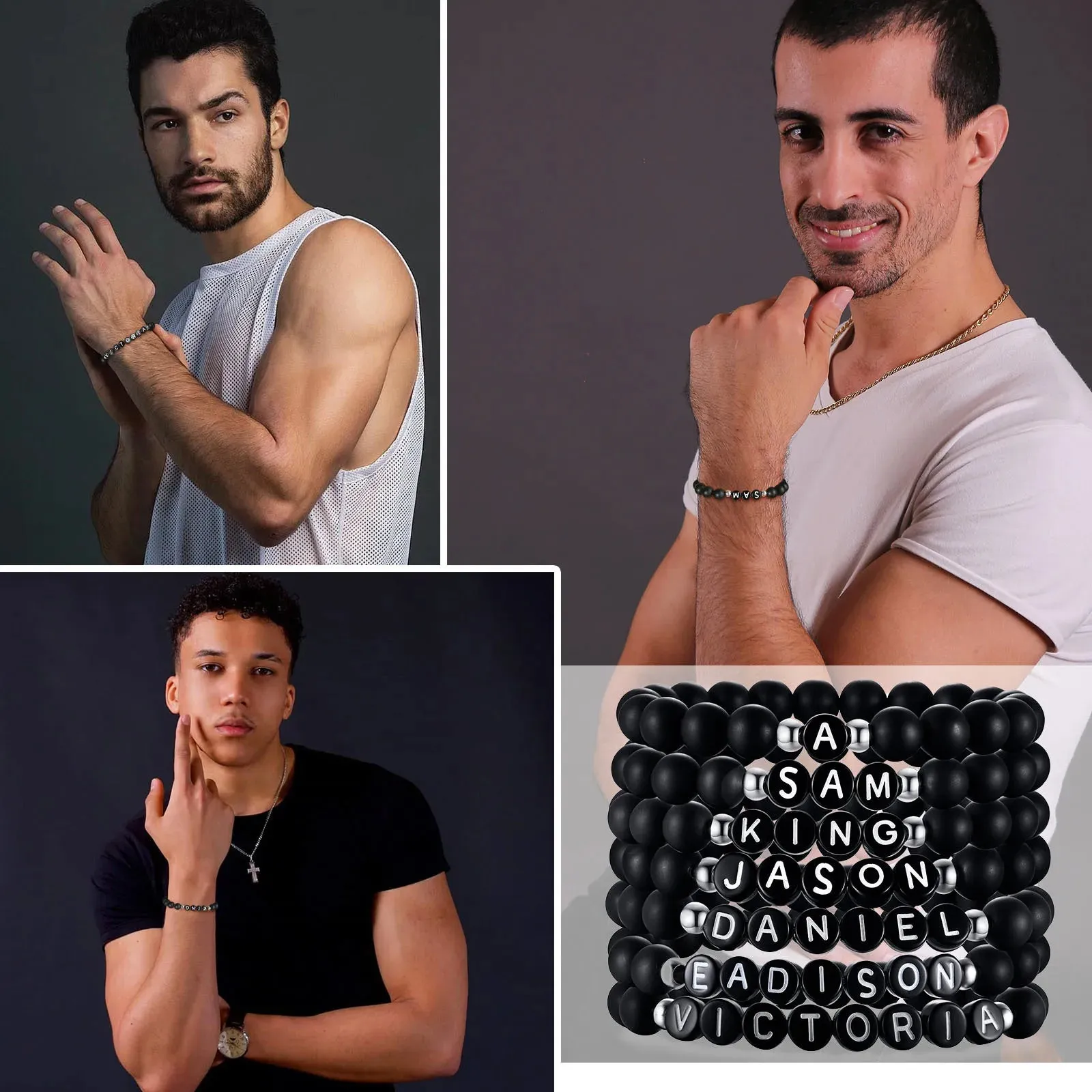 Vnox Custom Initials Beads Bracelets for Men Women, Black Letters Alphabet Beaded Bangle, Casual Name Bracelet, BFF Family Gifts